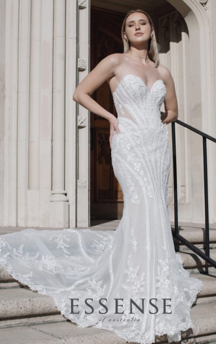 Strapless lace sheath bridal gown
